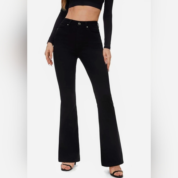flying banana Denim - Flying Banana Black High Waist Bootcut Flare Stretch Jeans sz 16 Short